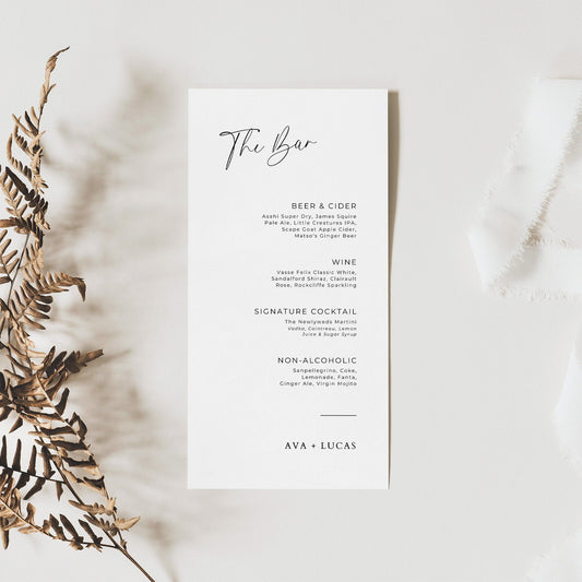 4x9 inch minimalistic wedding bar menu template with &#39;The Bar&#39; as a script font heading, followed by sub-headings for Beer & Cider, Wine, Signature Cocktail and Non-Aloholic with a list of drink options under each. Finally, the name of the couple.