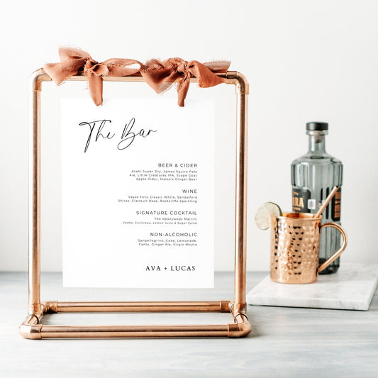 Bar Menu Sign Template, Wedding or Engagement Party Drinks Menu, Modern Printable Beverage List, Customizable Wedding Signage