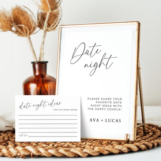 Date Night Cards And Sign Template, Date Night Jar Wedding Reception Idea, Minimalist Date Night Suggestion Printable Cards with Signage