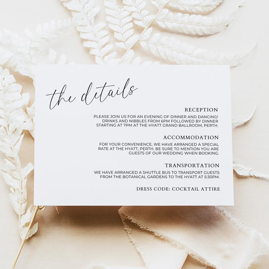 Details Card Invite Insert Template Horizontal, Minimal Wedding Invitation Enclosure Info Page, Simple Customizable Extra Information Note