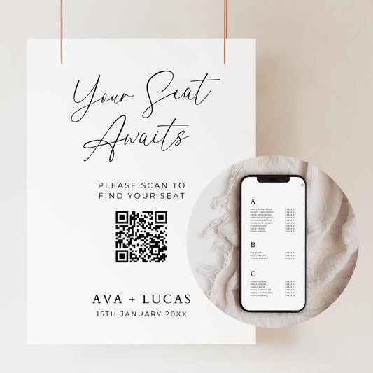 Digital Seating Chart Template with QR Code & Website, Wedding Alphabetical Table Guest Seating Sign, Minimalist Find Your Seat Signage