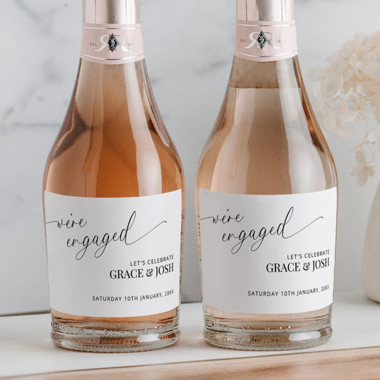 Engagement Mini Wine Bottle Label Template, Minimal We’re Engaged Printable Champagne Piccolo Stickers, Modern DIY Engagement Party Decor