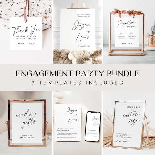 Collage of an engagement party editable template bundle, which shows a photo of a favor thank you tag, a welcome sign, his and hers signature drinks sign, cards and gifts sign, a printed invitation and digital e-invitation on a phone and custom sign