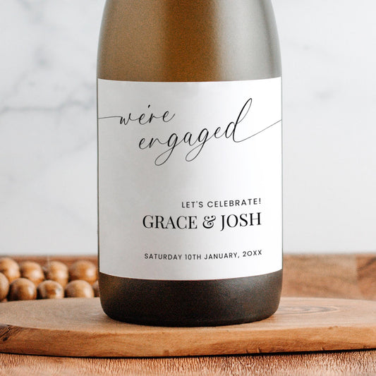 Engagement Wine Bottle Label Template, Minimal We’re Engaged Printable Champagne Stickers, Modern Customizable Wine for Engagement Party