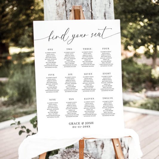 Find Your Seat Wedding Chart By Table, Large Elegant Seating Sign Template 12 Tables, Minimal Wedding Reception or Rehearsal Dinner Signage