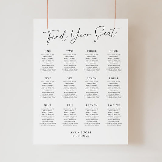 Find Your Seat Chart Template by Table Number, Minimal Wedding Reception Seating Sign, Large Guest Seat Assignment Printable Poster Board