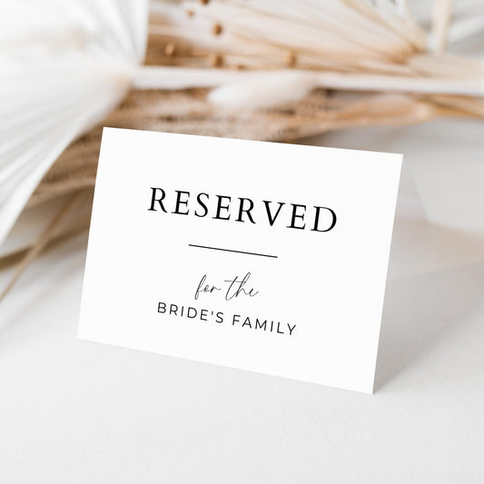 Reserved Seat Sign for Wedding, Minimalist Folded Reserved Tent Card, Modern Table or Chair Reservation Signage, Reserved for Family Cards