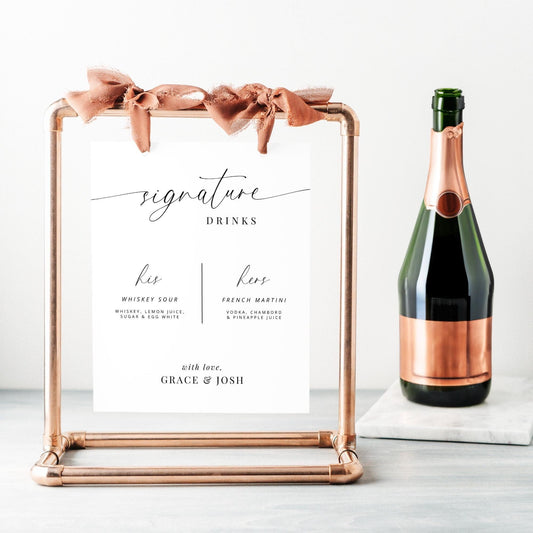 His and Hers Signature Drinks Sign Template, Bar Menu Signage for Wedding Reception or Engagement Party, Printable Signature Cocktails Sign