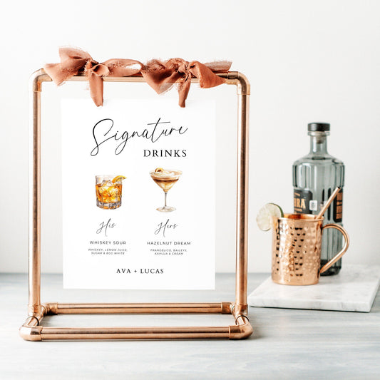 His and Hers Signature Drink Sign Template, Cocktail Menu Signage for Wedding Reception or Engagement Party, Customizable Watercolor Pictures