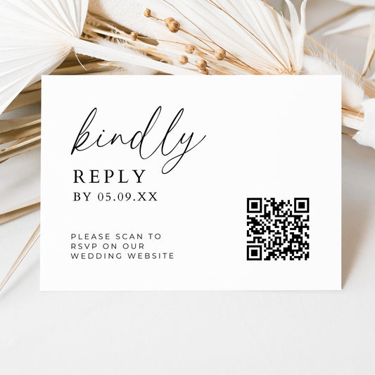 Kindly Reply QR Code Card Template, Modern Digital RSVP Online Invitation Insert, Minimalist Wedding Invite QR Scan Code Response Enclosure