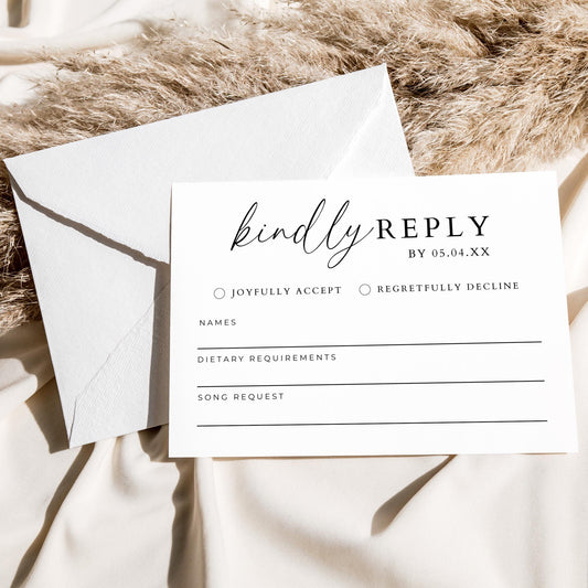 Kindly Reply RSVP Card Template, Modern Minimalist Wedding Invitation Response Insert Enclosure Card, Customizable Printable Respond By Card