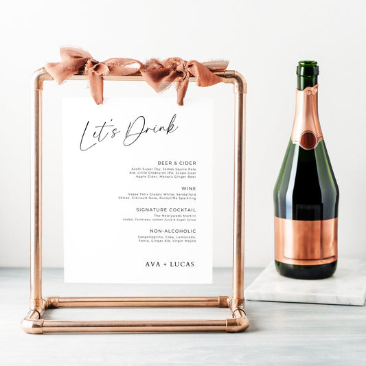 Let’s Drink Bar Menu Sign Template for Wedding, Editable Engagement Party Beverage Menu Signage, DIY Modern Printable Wedding Reception Decor