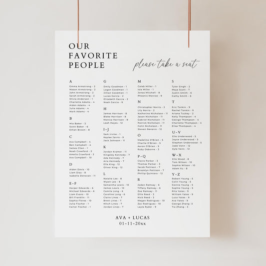 Our Favorite People Seating Chart Sign Template by Alphabetical Order, Large Minimalist Seat Assignment Poster Board for Wedding Reception