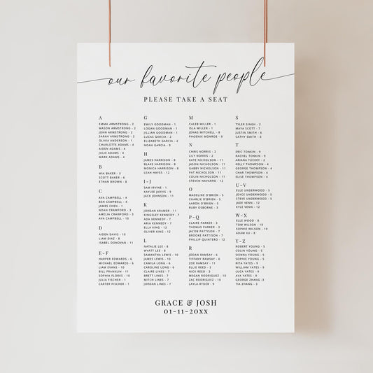 Our Favorite People Wedding Seating Chart Sign Alphabetical Template, Minimal Elegant Wedding Reception Rehearsal Dinner Seat Board Signage