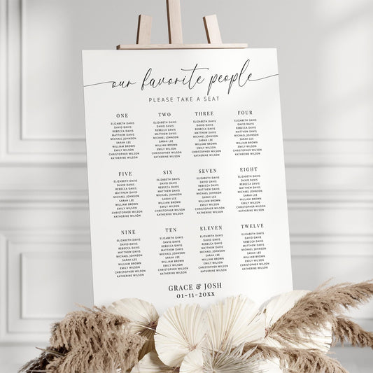 Our Favorite People Wedding Reception Large Seating Chart Sign Template, Elegant Minimal Seating Board 12 Table Numbers for Rehearsal Dinner