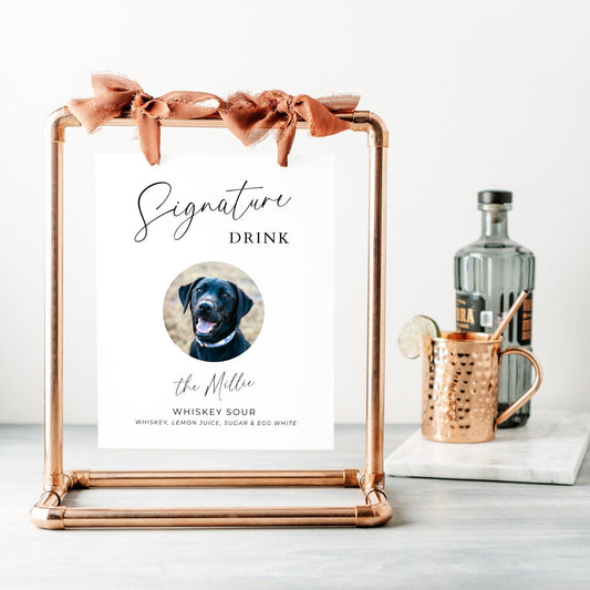 Bar Menu Pet Signature Drink Sign Template, Customizable Minimal Dog or Cat Photo Cocktail Menu for Wedding Reception or Engagement Party