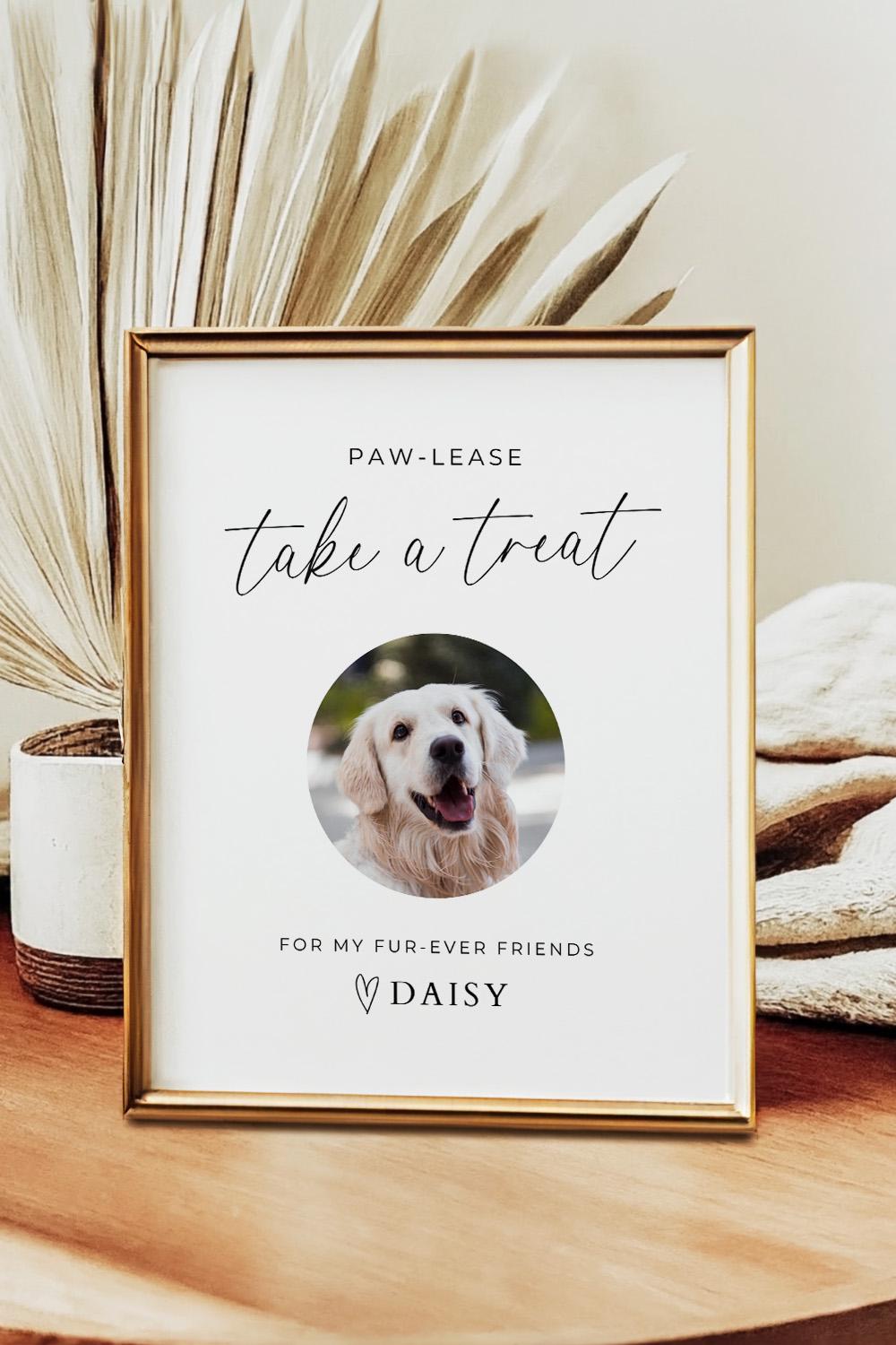 Pet Treat Favor Sign Template, Dog Treat Bar Signage for Wedding Reception, Printable Customizable Fun Take A Treat Sign with Dog Cat Photo