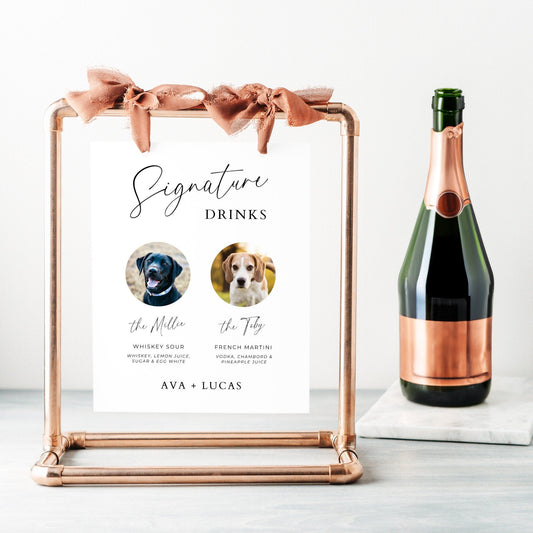 Pets Signature Drink Bar Menu Sign Template, Dog or Cat Photo Customizable Minimal Cocktail Menu for Wedding Reception or Engagement Party