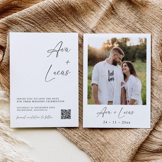 Photo Save The Date Card Template with QR Code, Simple Modern Double Sided Save Our Wedding Date Invitation, Minimalist Invite with Picture