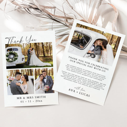 Photo Thank You Card Template Double Sided, Modern Minimalist Wedding Thank Yous, Elegant Thank You For Attending Note with Picture Collage