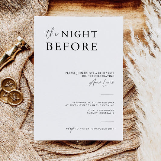 Rehearsal Dinner Invitation Card Template, Modern Minimalist The Night Before Wedding Invite, Simple Customizable DIY Printable Invitation