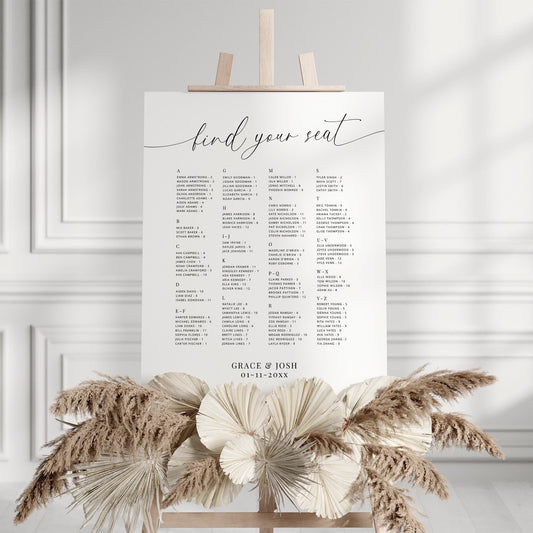 Seating Chart Sign Template Alphabetical Order, Large Minimal Wedding Reception Find Your Seat Sign, Elegant Rehearsal Dinner Seating Plan