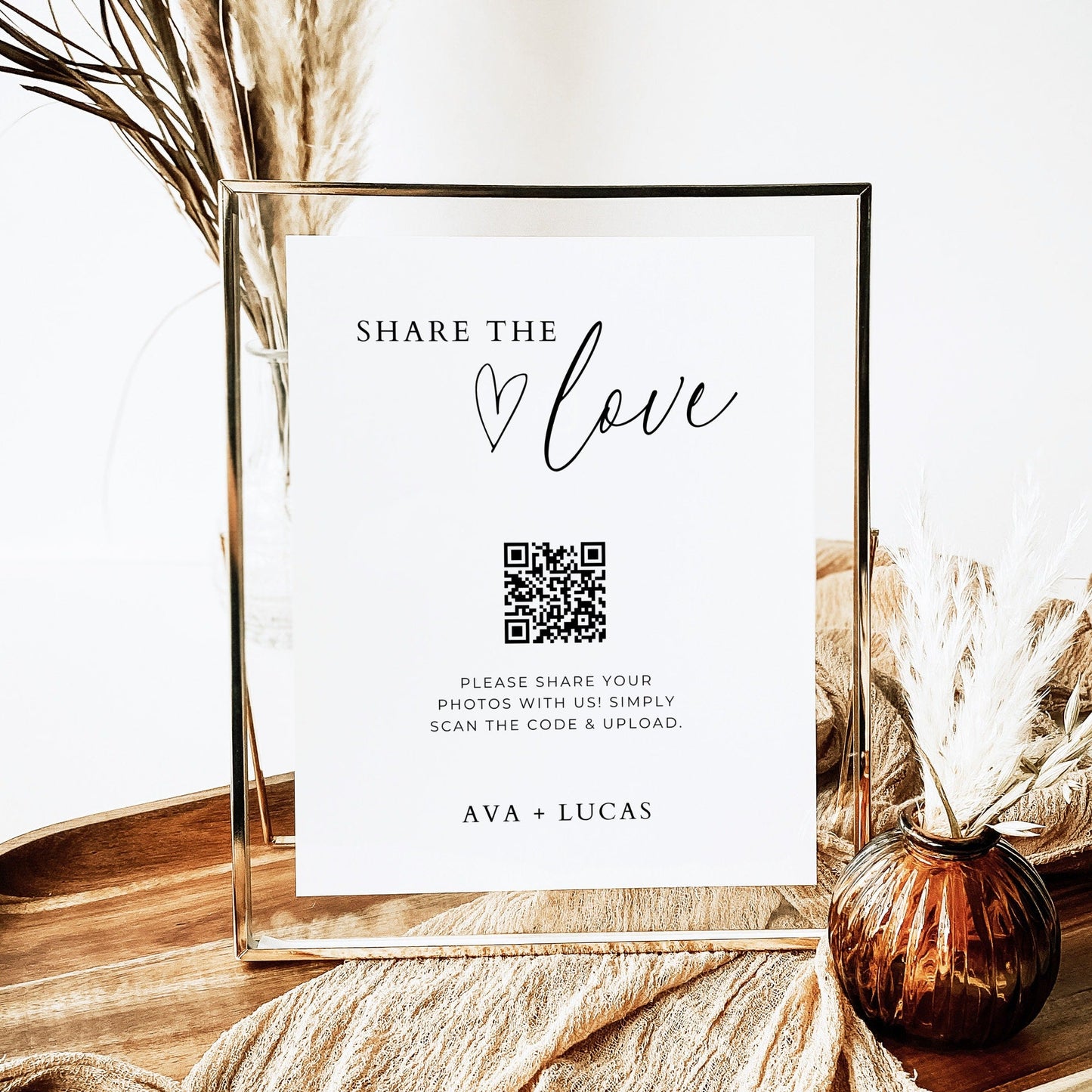 Share The Love Wedding QR Code Sign Template, Minimalist Photo Sharing Signage, QR Code for Wedding Pictures, DIY Editable Digital Download