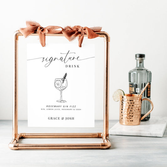 Signature Drink Sign Template, Minimal Printable Bar Menu Signage with Hand Drawn Coctktail Pictures for Wedding Reception Engagement Party