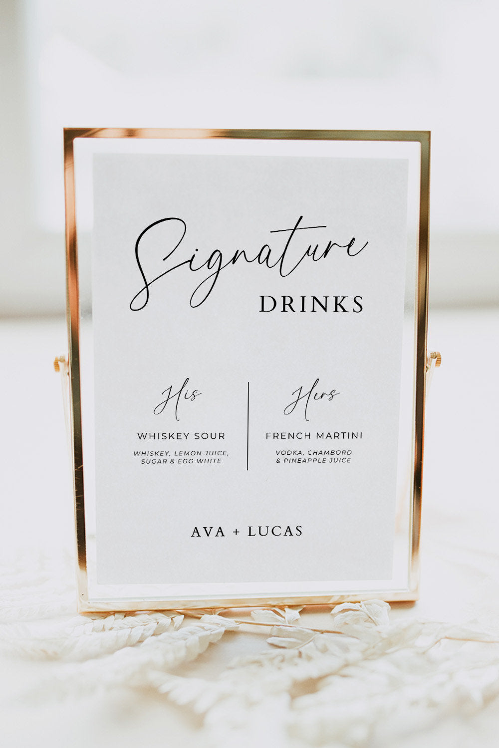 Signature Drinks Menu Sign Template for Wedding Reception or Engagement Party