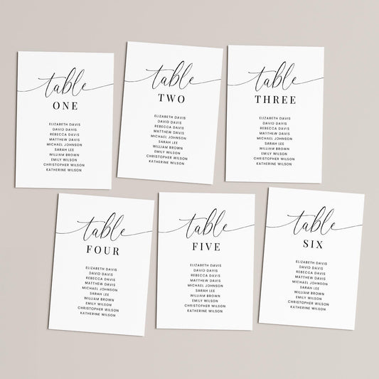 Table number seating chart cards with a calligraphy font for the word &#39;table&#39;, the table number and then a list of guest names underneath in a minimalistic style