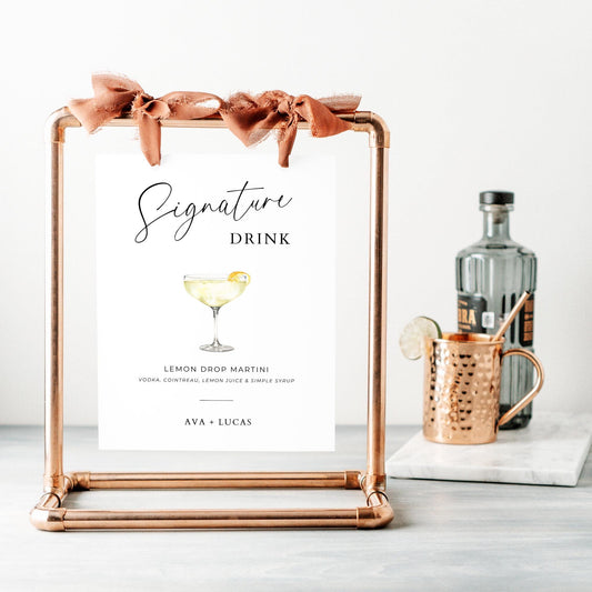 Signature Drink Sign Template, Editable Custom Bar Signage for Wedding Reception or Engagement Party, Minimal Watercolor Cocktail Clipart