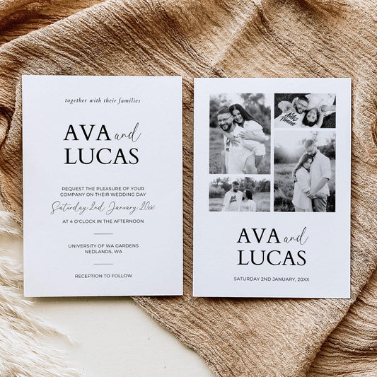 Wedding Invitation Card Template with Pictures, Modern Minimalist Photo Collage Wedding Invite, DIY Customizable 5x7 Double Sided Invite