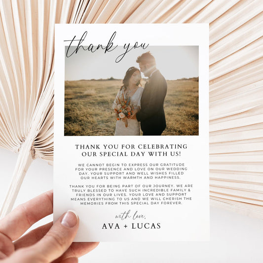 Wedding Photo Thank You Card Template, Simple Modern Thank You For Attending Note with Couple Picture, DIY Printable Minimalist Thank Yous