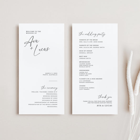 Minimalist Modern Wedding Program Template, Simple Wedding Ceremony Order of Service, Printable Double Sided No Mass Program