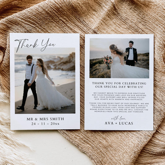 Wedding Thank You Card Template with Photos, Modern Double Sided Thank Yous, Minimalist Thank You For Attending Note with Couple Picture