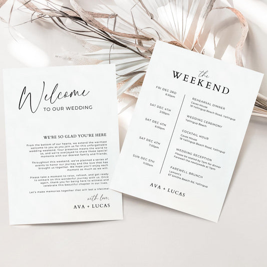 Welcome Bag Thank You Note Template with Wedding Weekend Itinerary, Modern Minimalist Schedule of Events Timeline Card for Hotel Guests