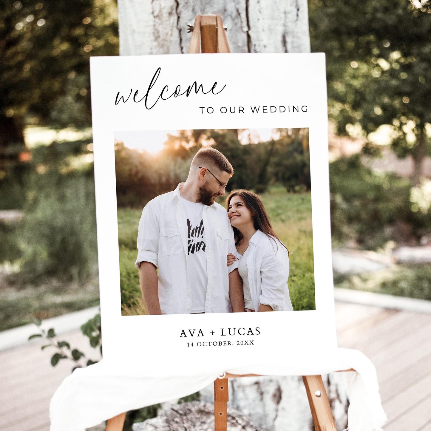 Welcome To Our Wedding Sign With Photo Template, Modern Minimalist Wedding Ceremony or Reception Welcome Poster Signage with Picture