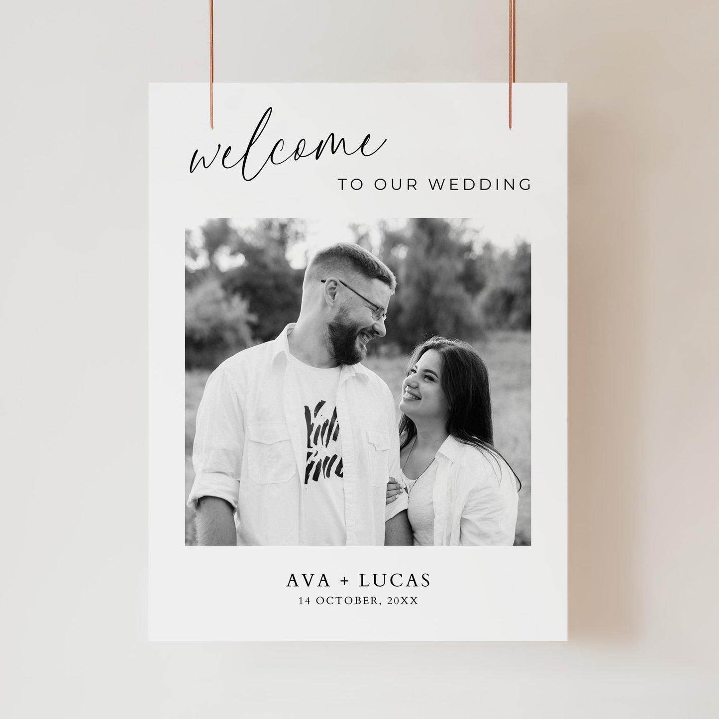 Welcome To Our Wedding Sign With Photo Template, Modern Minimalist Wedding Ceremony or Reception Welcome Poster Signage with Picture