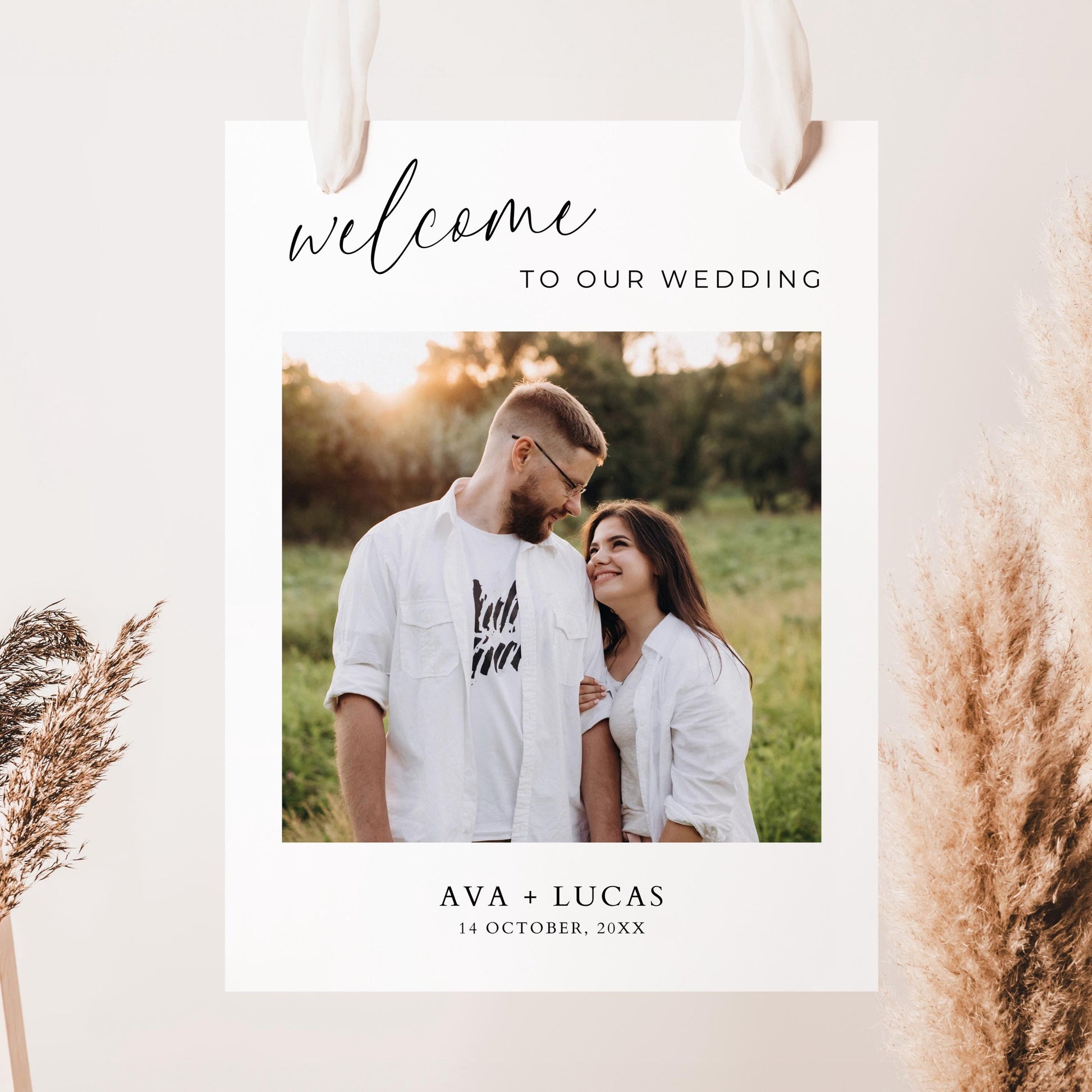 Welcome To Our Wedding Sign With Photo Template, Modern Minimalist Wedding Ceremony or Reception Welcome Poster Signage with Picture