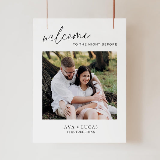 Welcome To The Night Before Rehearsal Dinner Sign Template with Photo, Modern Minimalist Welcome Sign with Picture Printable Poster Board