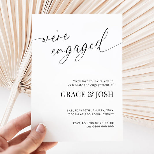 Engagement Party Invitation Template, Elegant Script We’re Engaged Invite, Modern Minimalist Customizable Printable Engagement Announcement