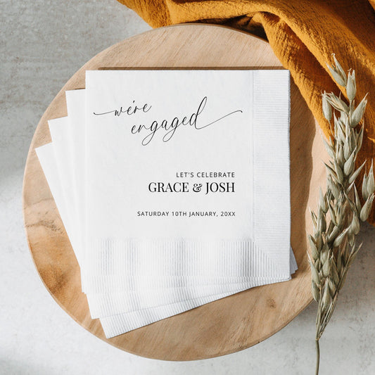 We&#39;re Engaged Napkin Template, Minimal Elegant Cocktail Napkins for Engagement Party, Editable DIY Custom Napkins, Simple Wedding Napkins